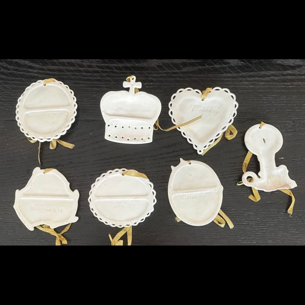 Vintage Porcelain Bisque Gold Trim Bible Scripture Christmas Ornaments
- Set 7 - Picture 2 of 2